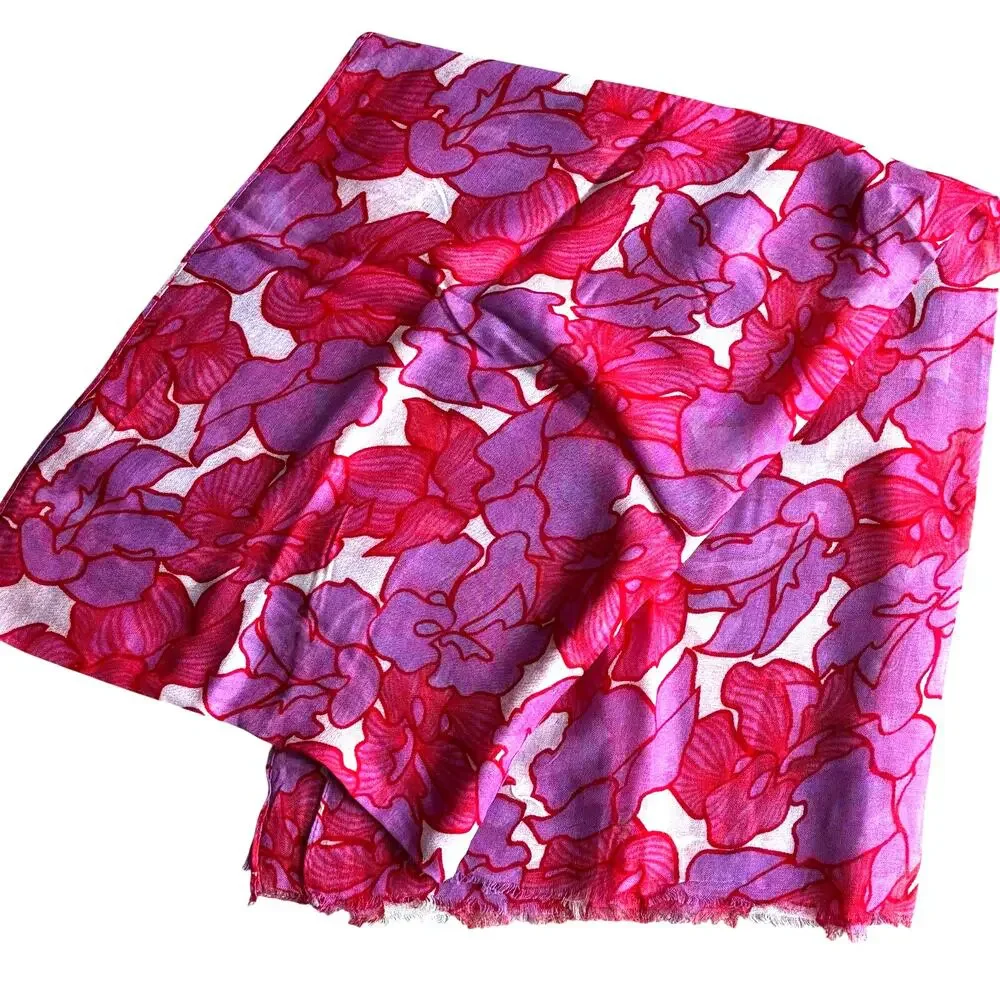 Summer weight soft rayon woven scarf pink & white floral flowers casual wrap